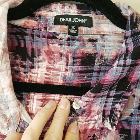 Dear John Arianna Plaid Tie Dye Button Down Roll Tab Sleeves Lightweight Blouse - Picture 8 of 13